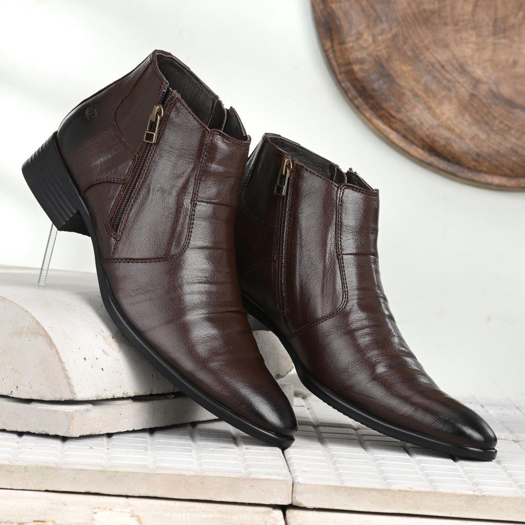 PRIDE-80 MEN LEATHER BROWN FORMAL BOOT ANKLE ZIPPER