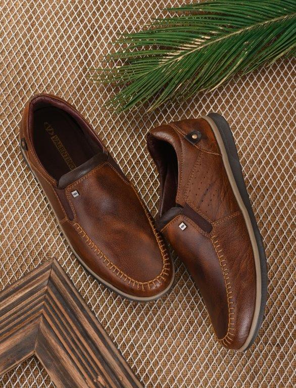 FASCINATE-01 MEN LEATHER TAN-WOOD CASUAL SLIP ON MOCCASSINS