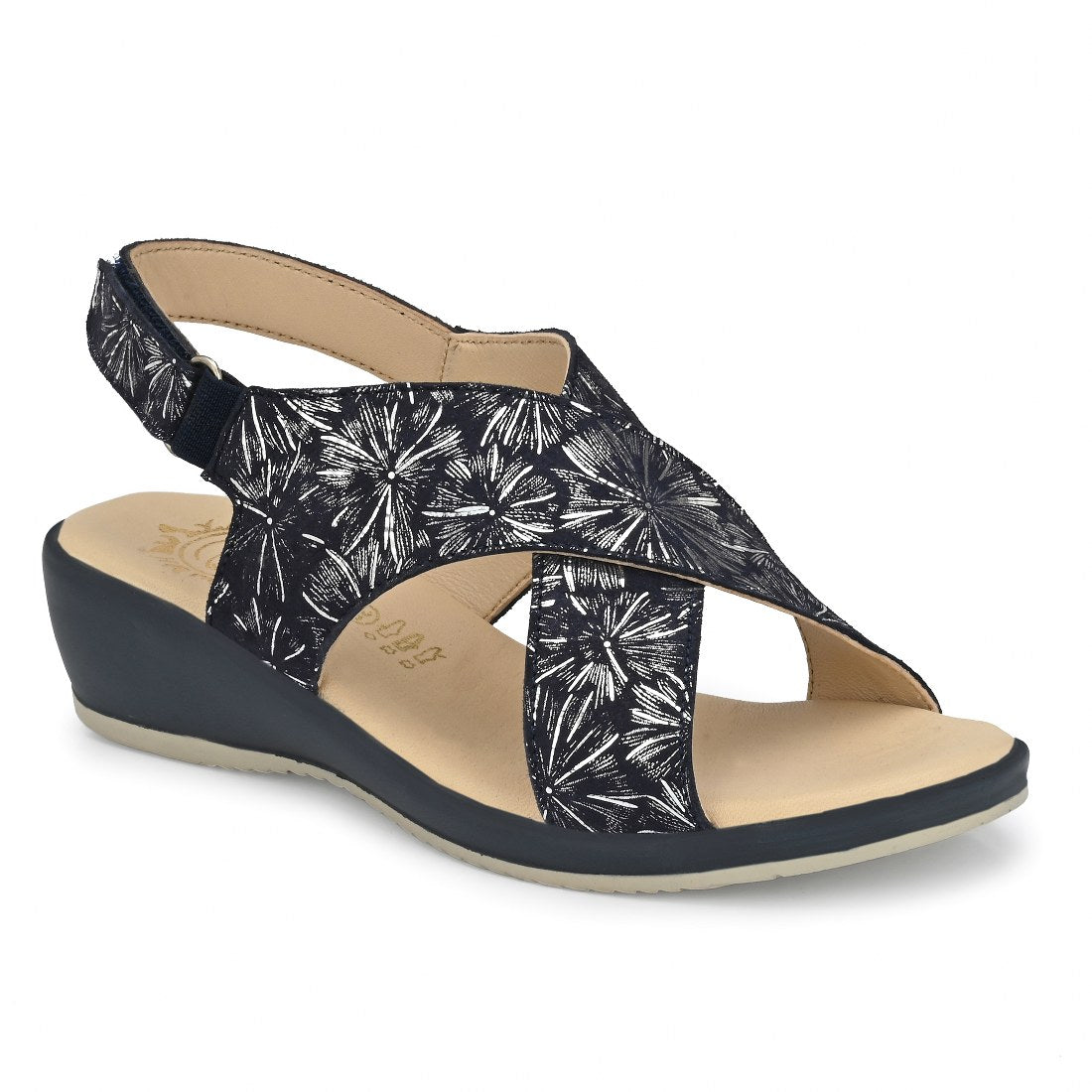 W-HR-FRISCO-61 WOMEN LEATHER NAVY WITH SILVER FOIL CASUAL SANDAL OPEN